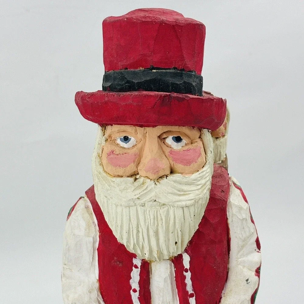 Vintage Wood Santa & Bag Figure Hand‎ Carved Handmade Painted Signed Slim 92